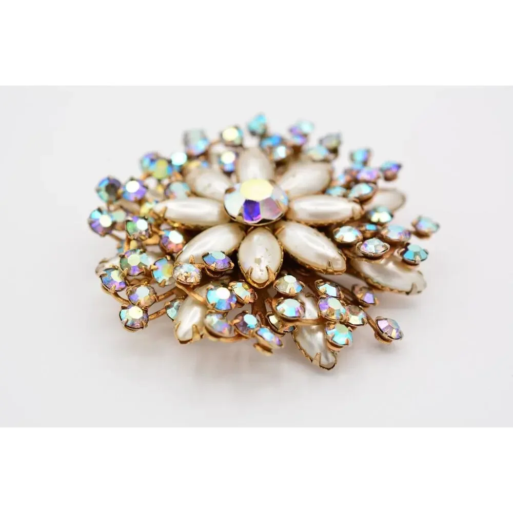 Vintage Crystal Flower Pin Brooch Aurora Borealis Rhinestone Prong 1980s BinAT